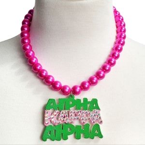 Pink Green Sorority Necklace, AKA Soror Sister Gift, Handmade Necklace Statement